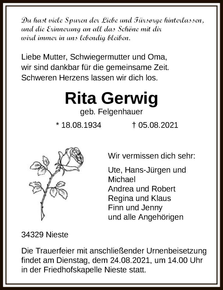  Traueranzeige für Rita Gerwig vom 21.08.2021 aus HNA