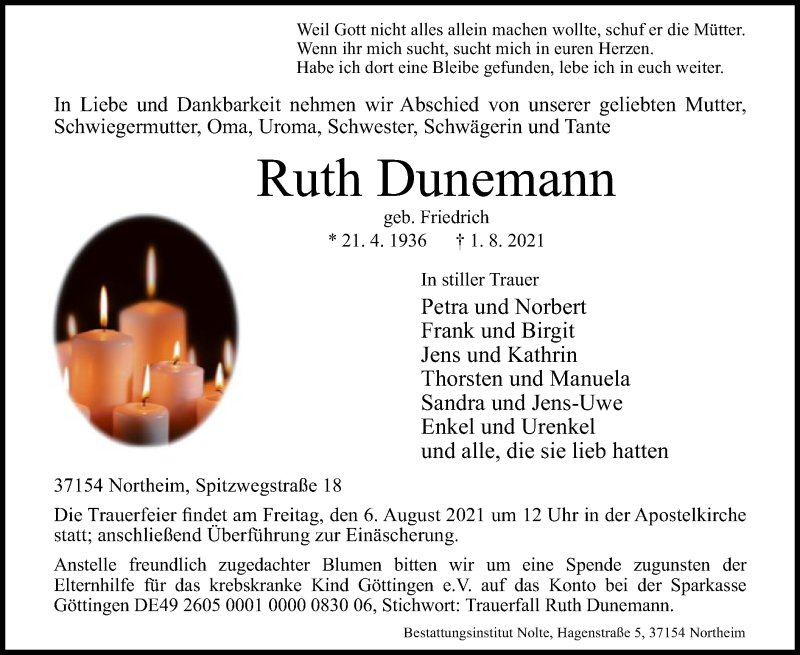  Traueranzeige für Ruth Dunemann vom 04.08.2021 aus HNA
