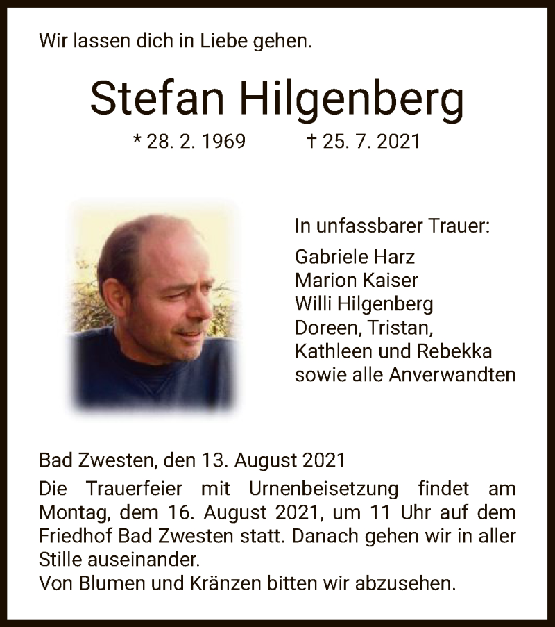  Traueranzeige für Stefan Hilgenberg vom 13.08.2021 aus HNA