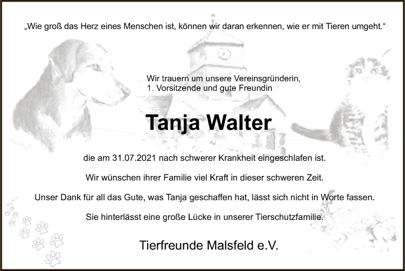  Traueranzeige für Tanja Walter vom 07.08.2021 aus HNA