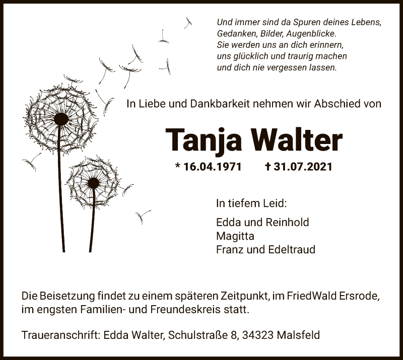  Traueranzeige für Tanja Walter vom 05.08.2021 aus HNA