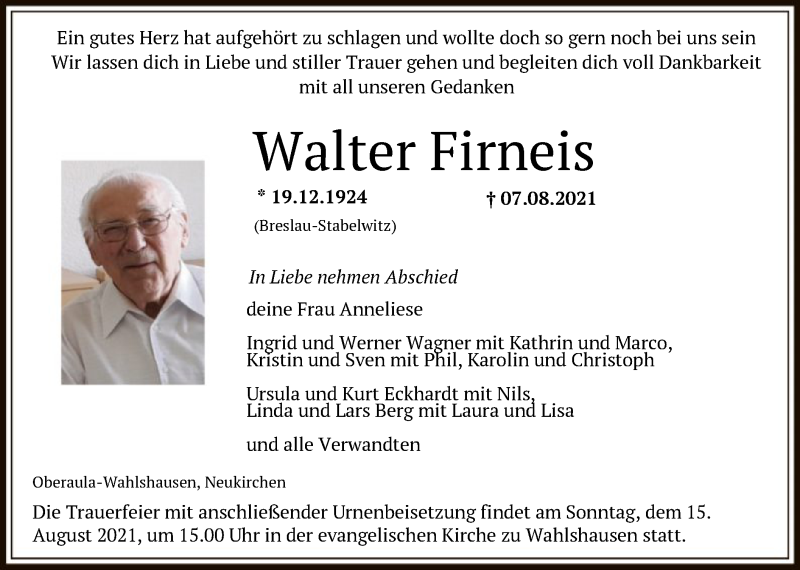  Traueranzeige für Walter Firneis vom 12.08.2021 aus HNA