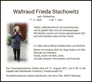 Traueranzeige von Waltraud Frieda Stachowitz von HNA