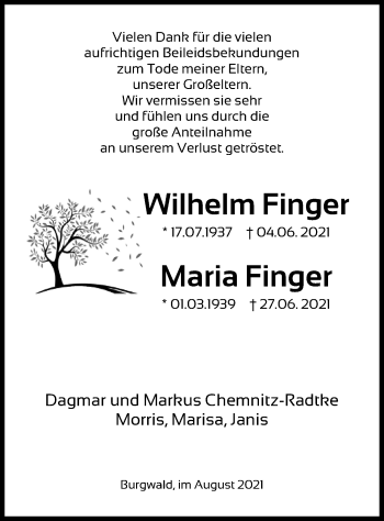 Traueranzeige von Wilhelm und Maria Finger von HNA