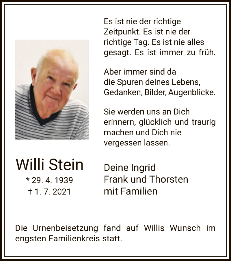  Traueranzeige für Willi Stein vom 07.08.2021 aus HNA