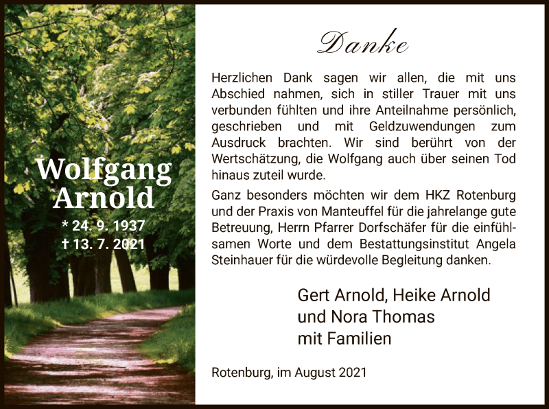  Traueranzeige für Wolfgang Arnold vom 21.08.2021 aus HNA