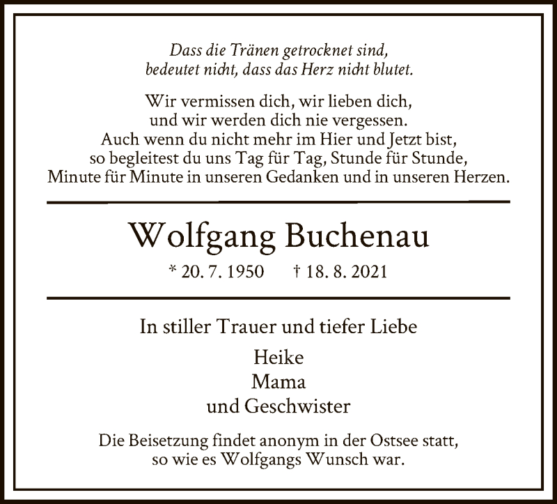 Traueranzeige für Wolfgang Buchenau vom 28.08.2021 aus HNA