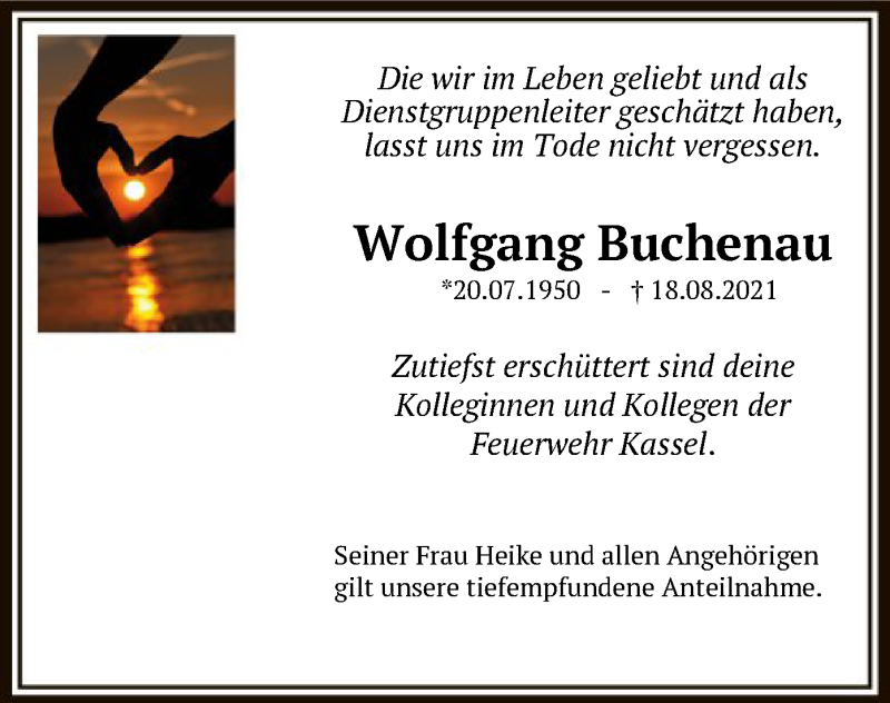 Traueranzeige für Wolfgang Buchenau vom 28.08.2021 aus HNA