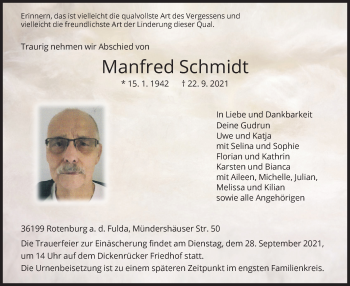Traueranzeige von Manfred Schmidt von HNA