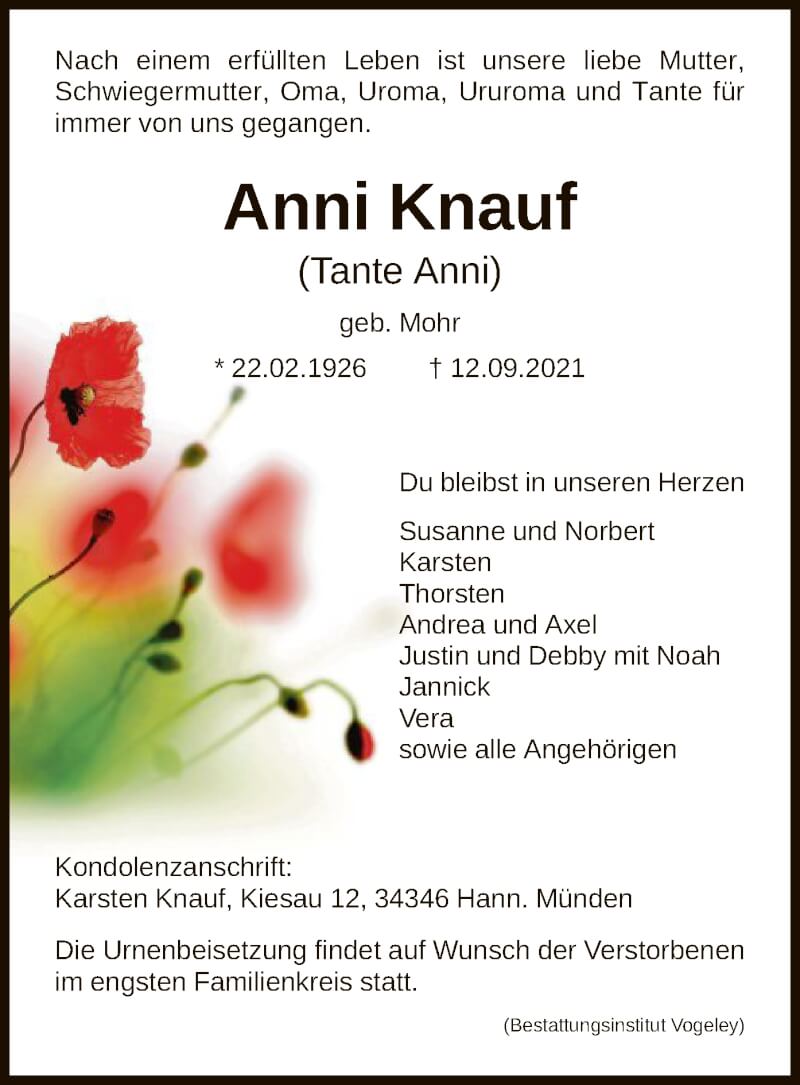 Traueranzeige für Anni Knauf vom 18.09.2021 aus HNA