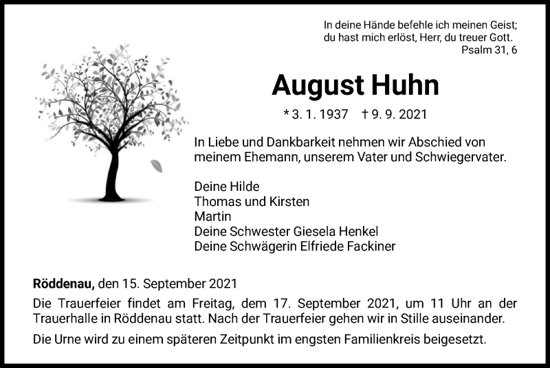  Traueranzeige für August Huhn vom 15.09.2021 aus HNA