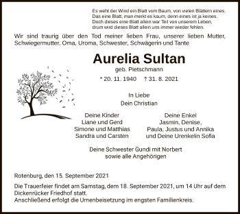 Traueranzeige von Aurelia Sultan von HNA