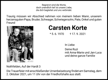 Traueranzeige von Carsten Korte von HNA