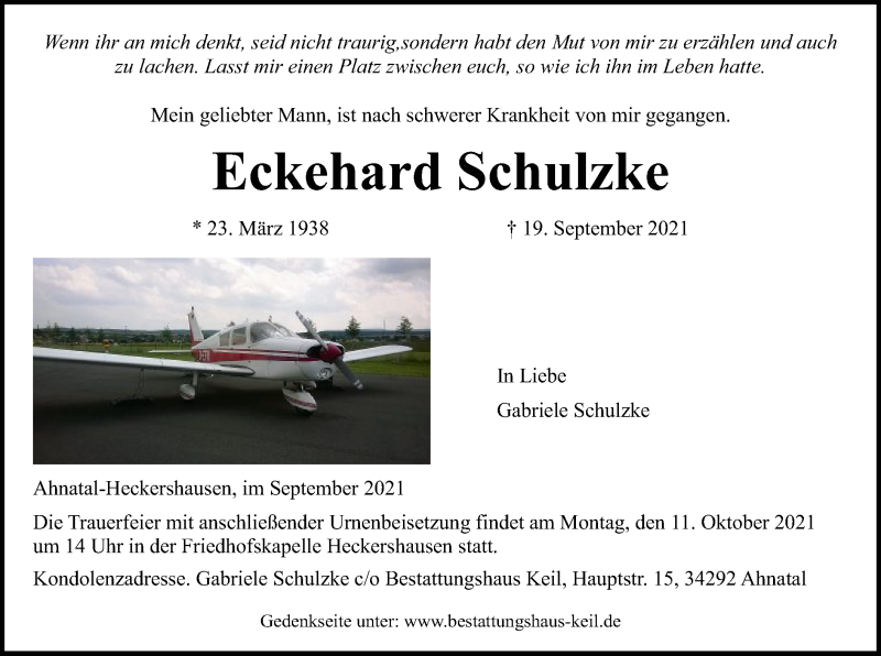  Traueranzeige für Eckehard Schulzke vom 25.09.2021 aus HNA