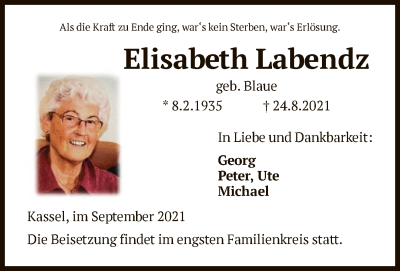  Traueranzeige für Elisabeth Labendz vom 25.09.2021 aus HNA