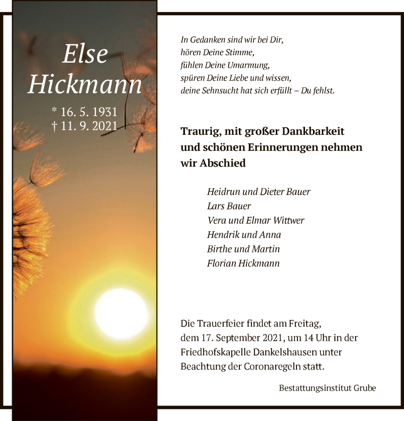  Traueranzeige für Else Hickmann vom 14.09.2021 aus HNA