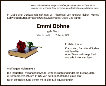 Traueranzeige von Emmi Döhne von HNA