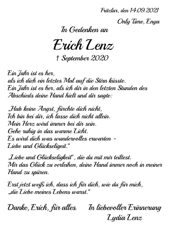 Traueranzeige von Erich Lenz von HNA