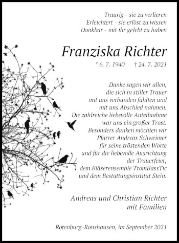 Traueranzeige von Franziska Richter von HNA