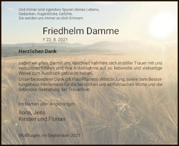 Traueranzeige von Friedhelm Damme von HNA