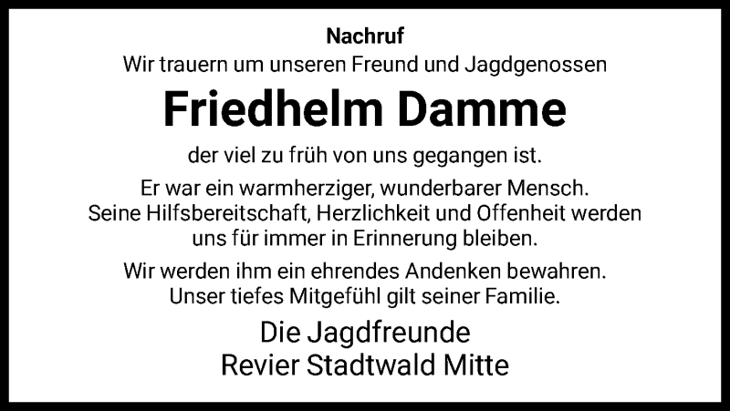  Traueranzeige für Friedhelm Damme vom 11.09.2021 aus HNA