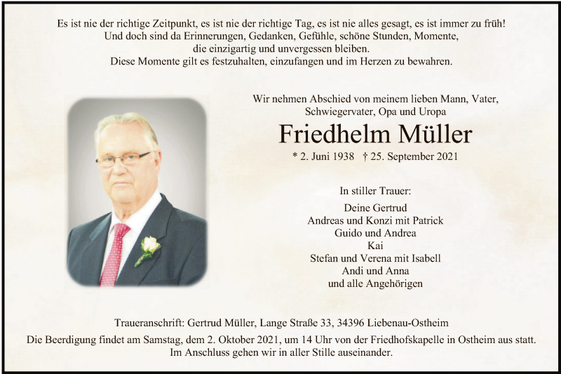  Traueranzeige für Friedhelm Müller vom 30.09.2021 aus HNA