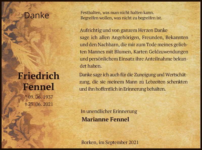  Traueranzeige für Friedrich  Fennel vom 04.09.2021 aus HNA
