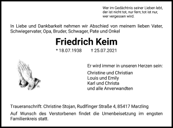 Traueranzeige von Friedrich Keim von HNA
