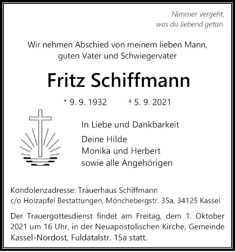  Traueranzeige für Fritz Schiffmann vom 20.09.2021 aus HNA