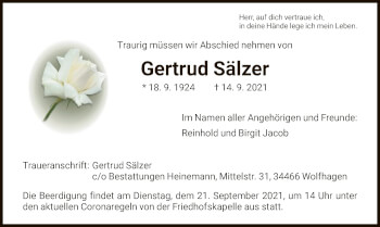 Traueranzeige von Gertrud Sälzer von HNA