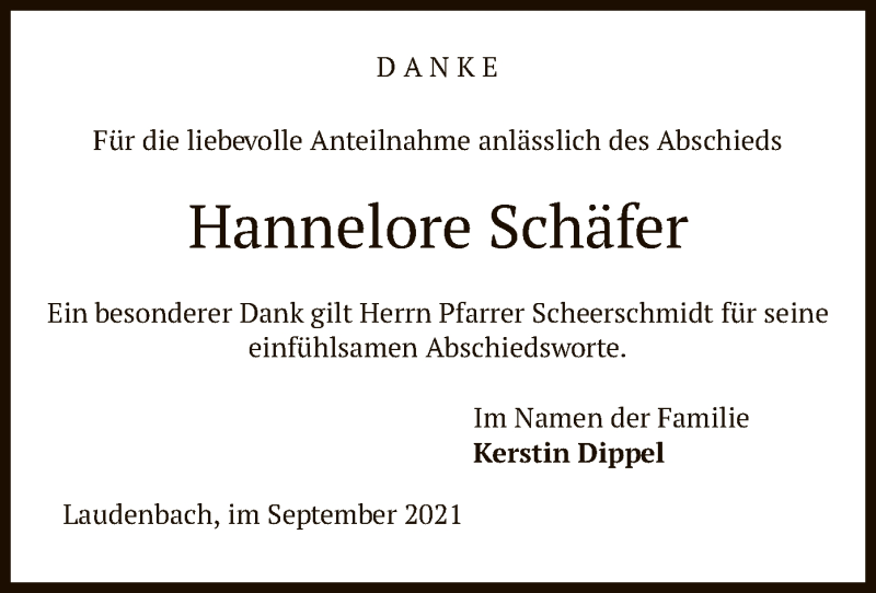  Traueranzeige für Hannelore Schäfer vom 11.09.2021 aus HNA