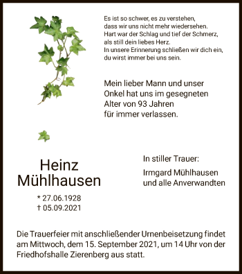 Traueranzeige von Heinz Mühlhausen von HNA