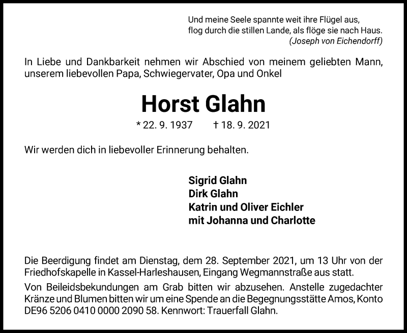  Traueranzeige für Horst Glahn vom 25.09.2021 aus HNA