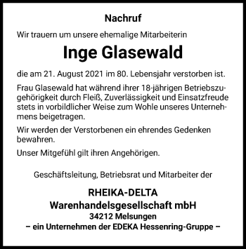 Traueranzeige von Inge Glasewald von HNA