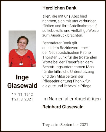 Traueranzeige von Inge Glasewald von HNA