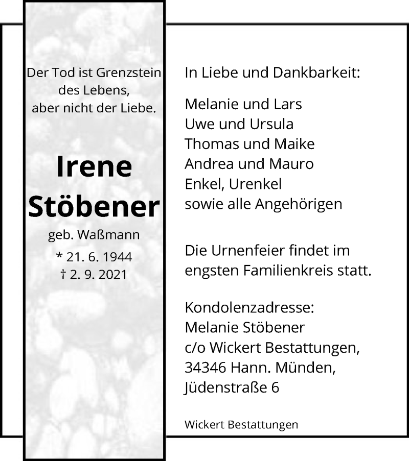  Traueranzeige für Irene Stöbener vom 11.09.2021 aus HNA