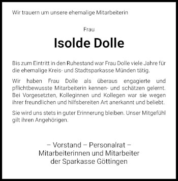 Traueranzeige von Isolde Dolle von HNA