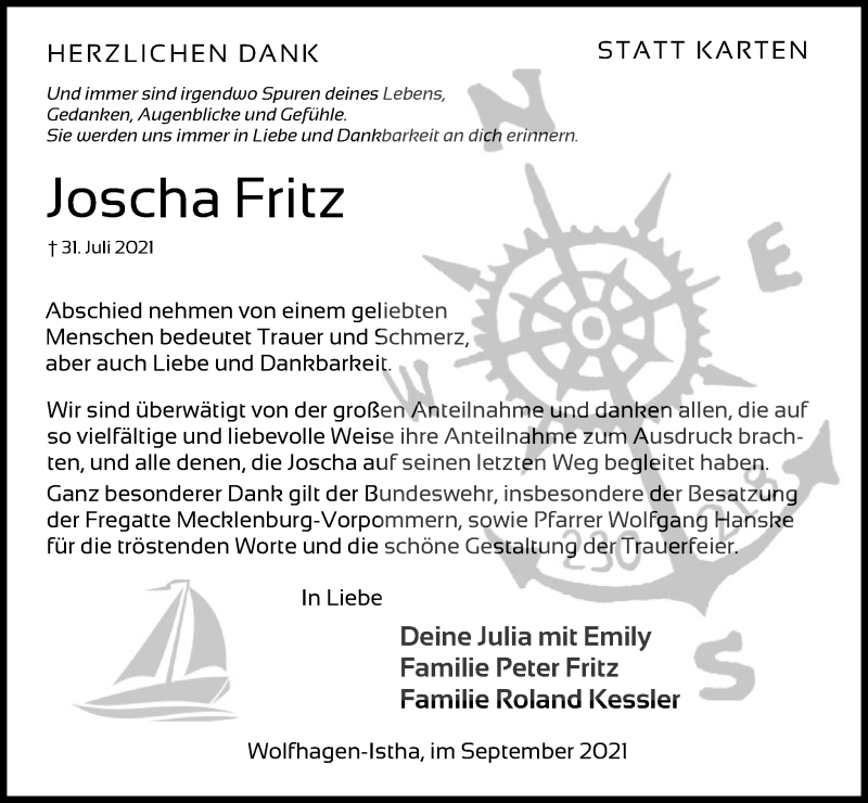  Traueranzeige für Joscha Fritz vom 11.09.2021 aus HNA