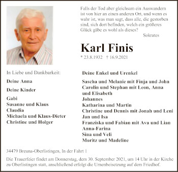 Traueranzeige von Karl Finis von HNA