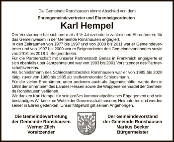 Traueranzeige von Karl Hempel von HNA