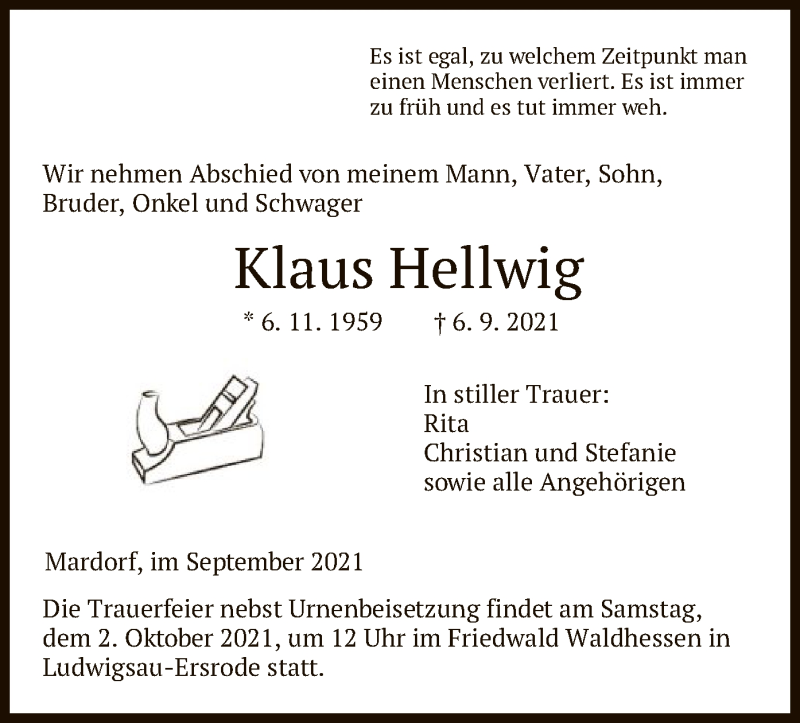  Traueranzeige für Klaus Hellwig vom 25.09.2021 aus HNA