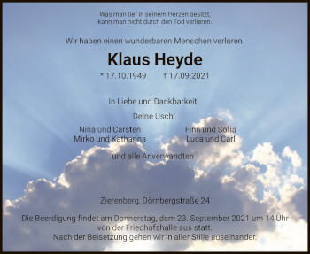 Traueranzeige von Klaus Heyde von HNA