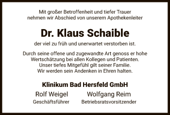 Traueranzeige von Klaus Schaible von HZ