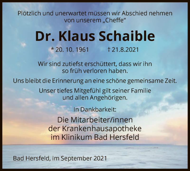  Traueranzeige für Klaus Schaible vom 02.09.2021 aus HNA