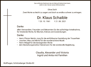Traueranzeige von Klaus Schaible von HNA