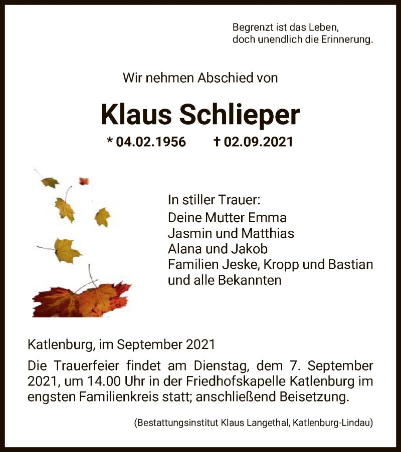  Traueranzeige für Klaus Schlieper vom 06.09.2021 aus HNA