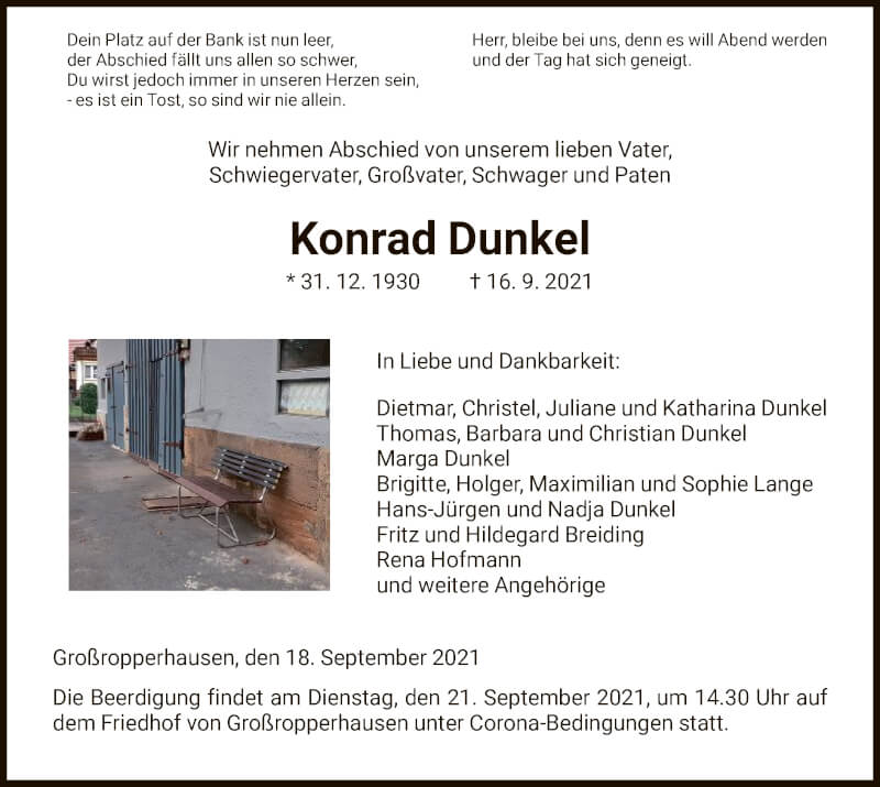  Traueranzeige für Konrad Dunkel vom 18.09.2021 aus HNA