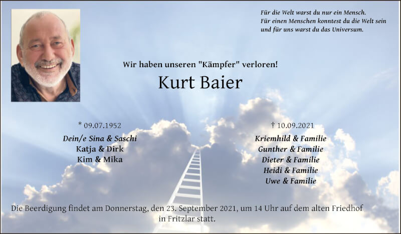  Traueranzeige für Kurt Baier vom 18.09.2021 aus HNA