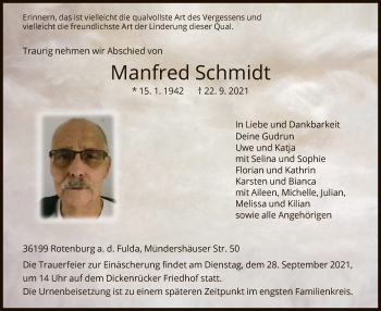 Traueranzeige von Manfred Schmidt von HNA