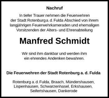 Traueranzeige von Manfred Schmidt von HNA